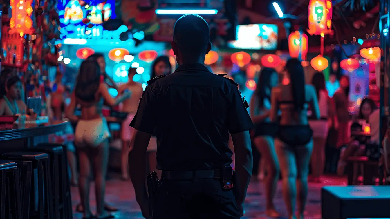 Rear view of Thai security guard monitoring the red light district in Pattaya