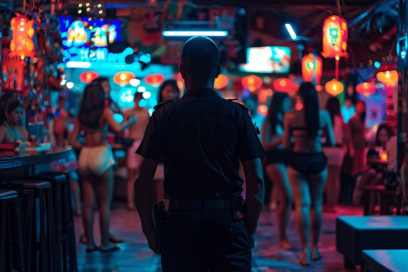 Rear view of Thai security guard monitoring the red light district in Pattaya